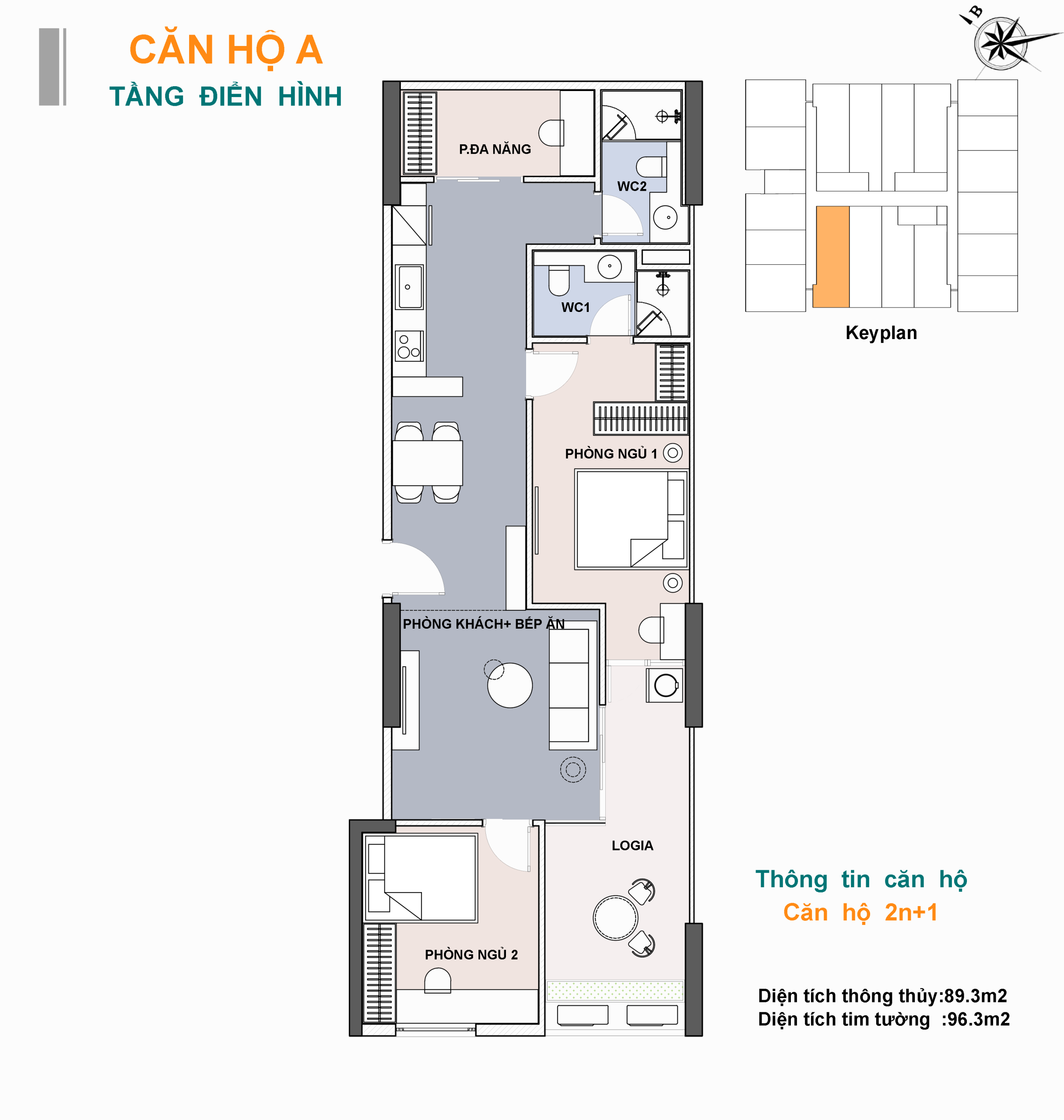 Sơ đồ bố trí mẫu căn hộ 3 phòng ngủ Lotus 1