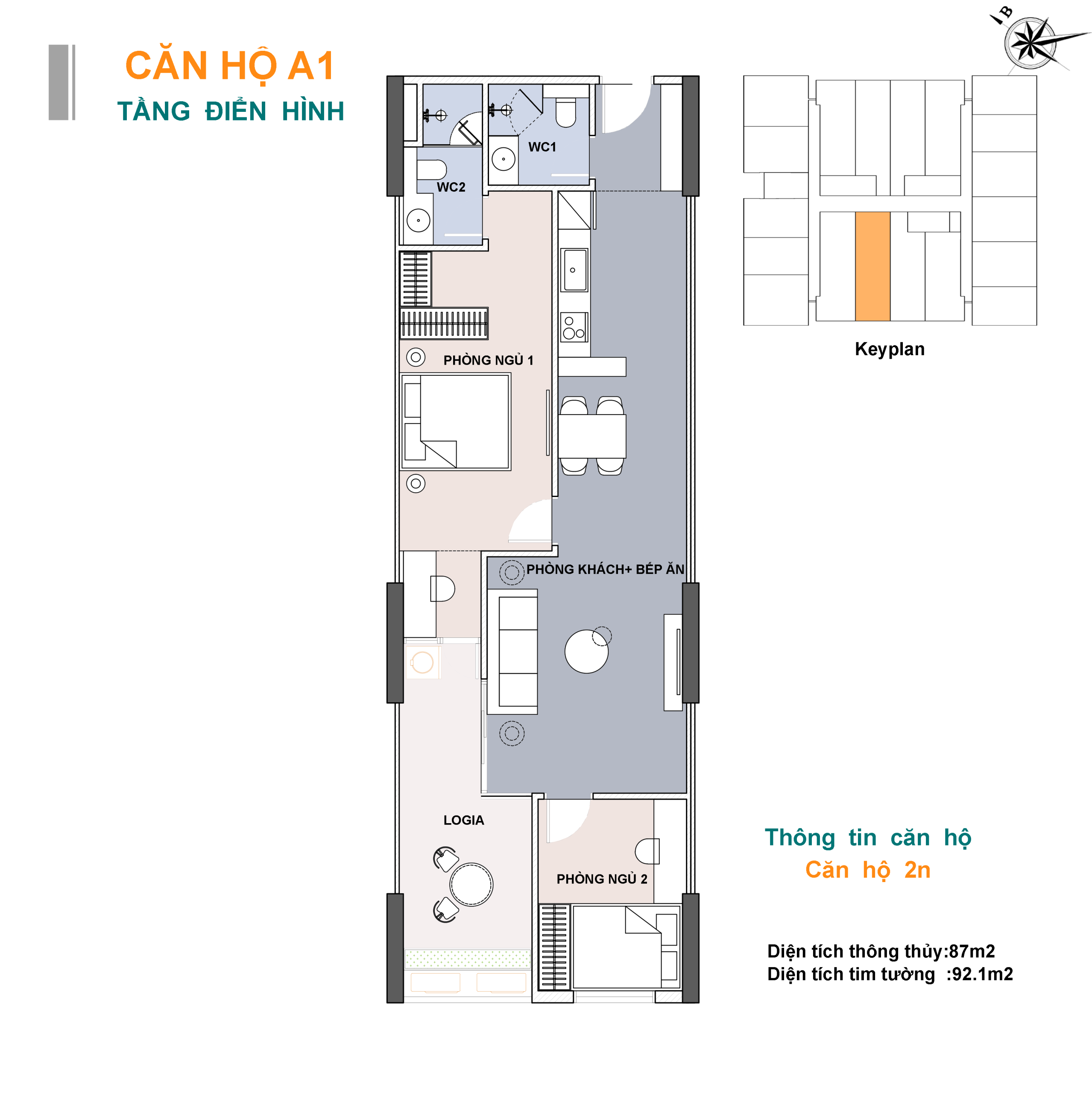 Sơ đồ bố trí mẫu căn hộ 2 phòng ngủ Lotus 1