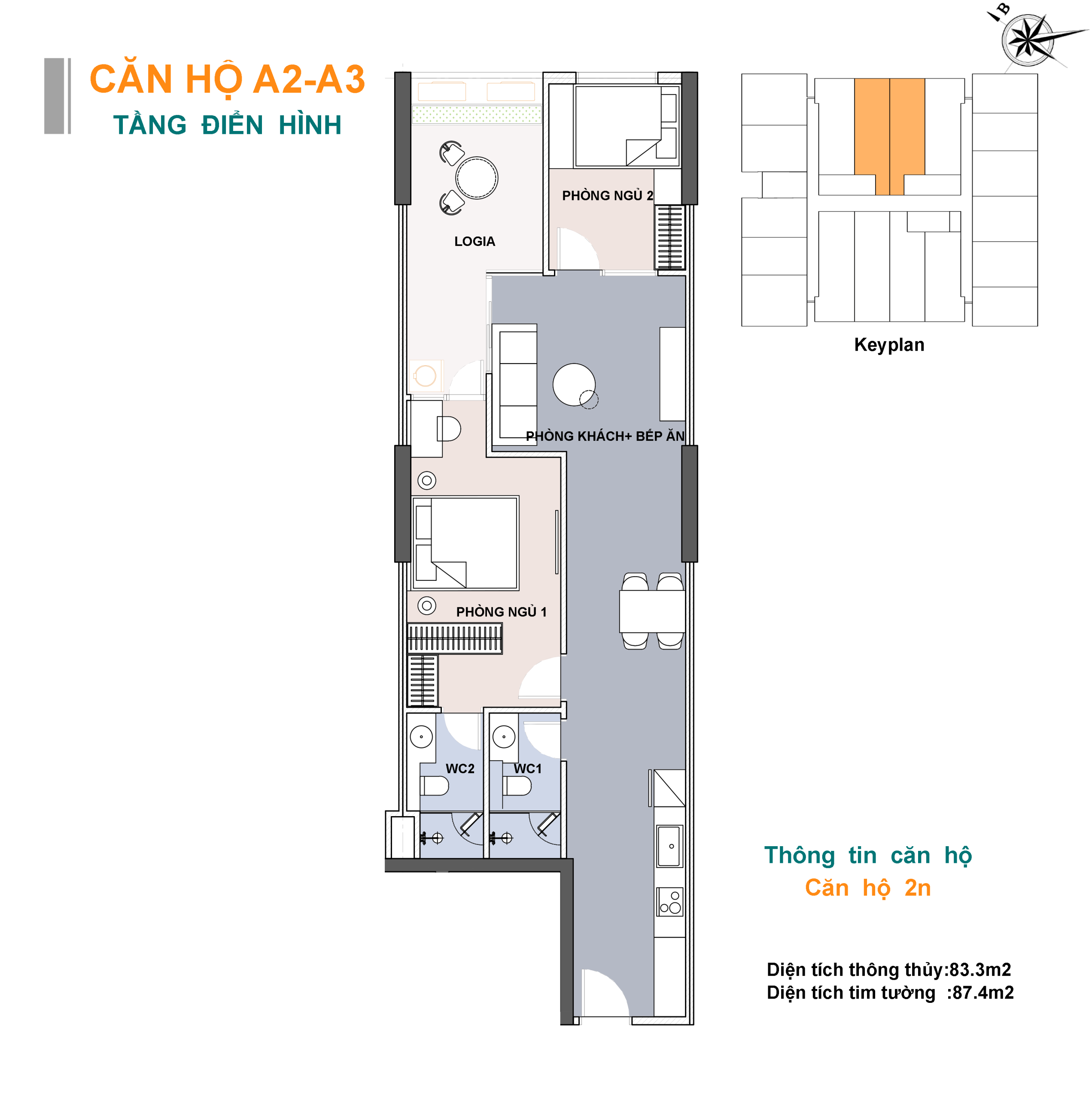 Sơ đồ bố trí mẫu căn hộ 2 phòng ngủ Lotus 1