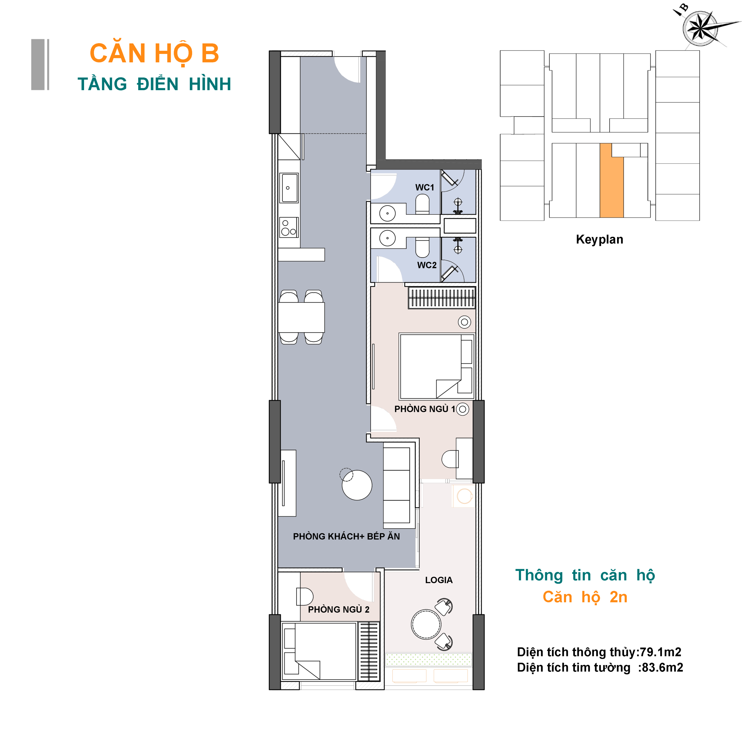 Sơ đồ bố trí mẫu căn hộ 2 phòng ngủ Lotus 1