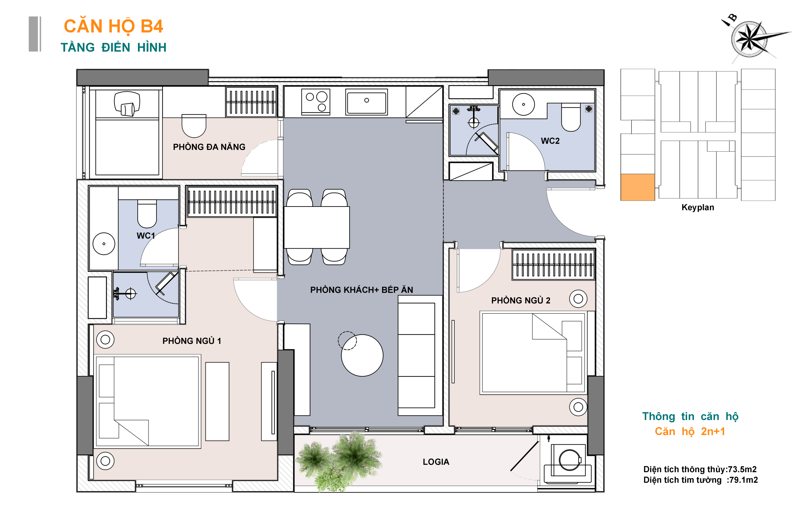 Sơ đồ bố trí mẫu căn hộ 3 phòng ngủ Lotus 1