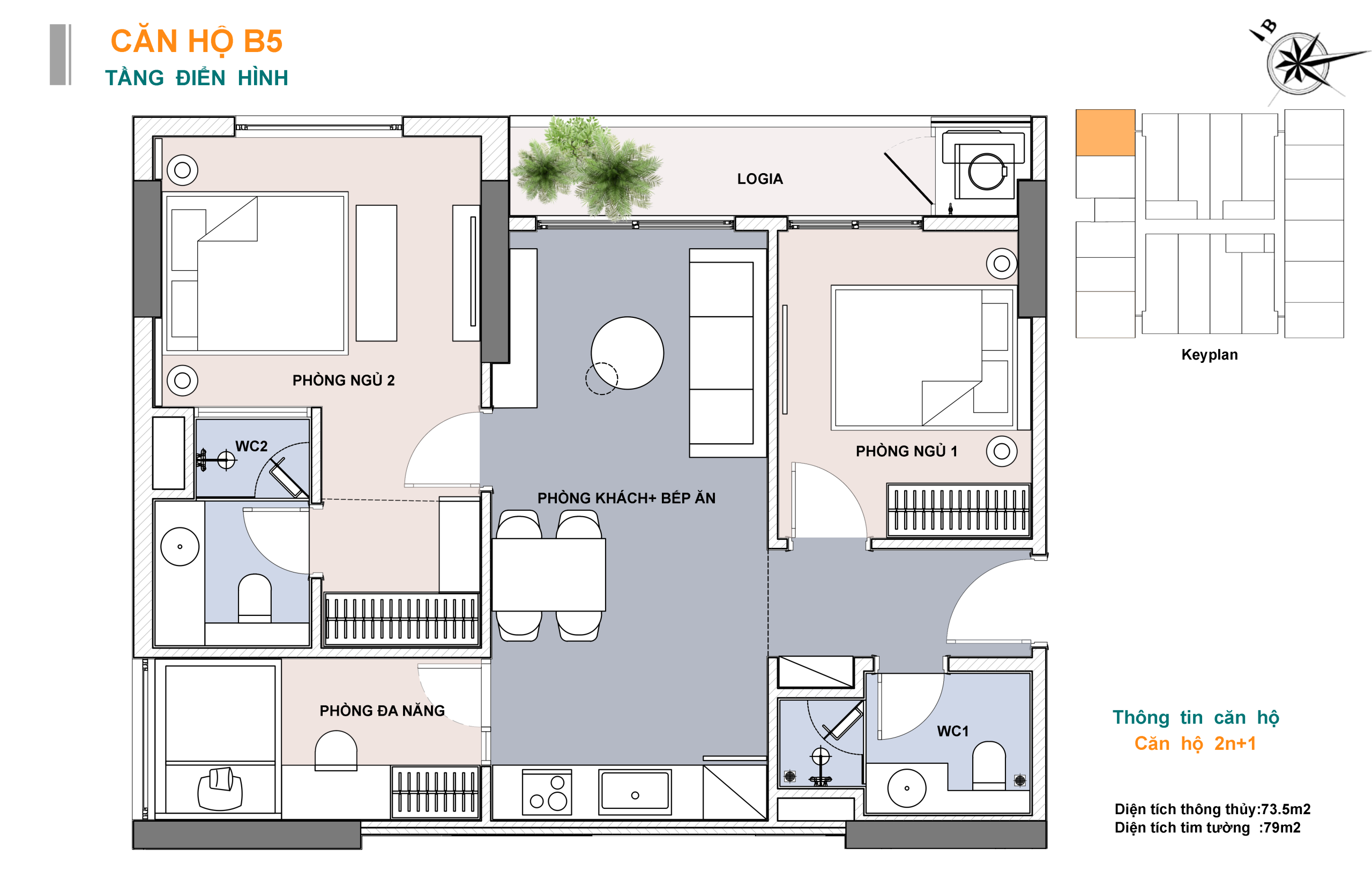 Sơ đồ bố trí mẫu căn hộ 3 phòng ngủ Lotus 1