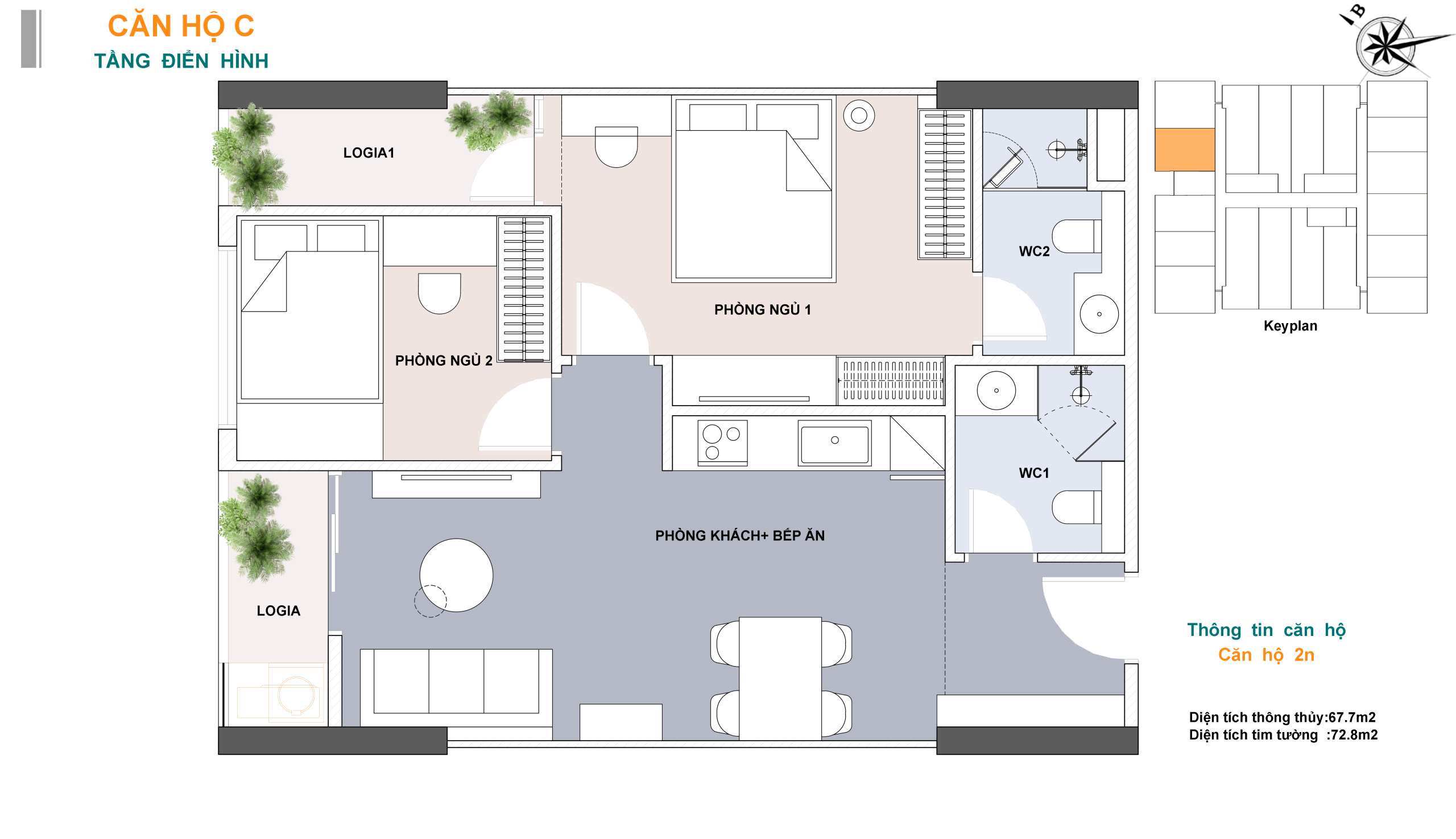 Sơ đồ bố trí mẫu căn hộ 2 phòng ngủ Lotus 1