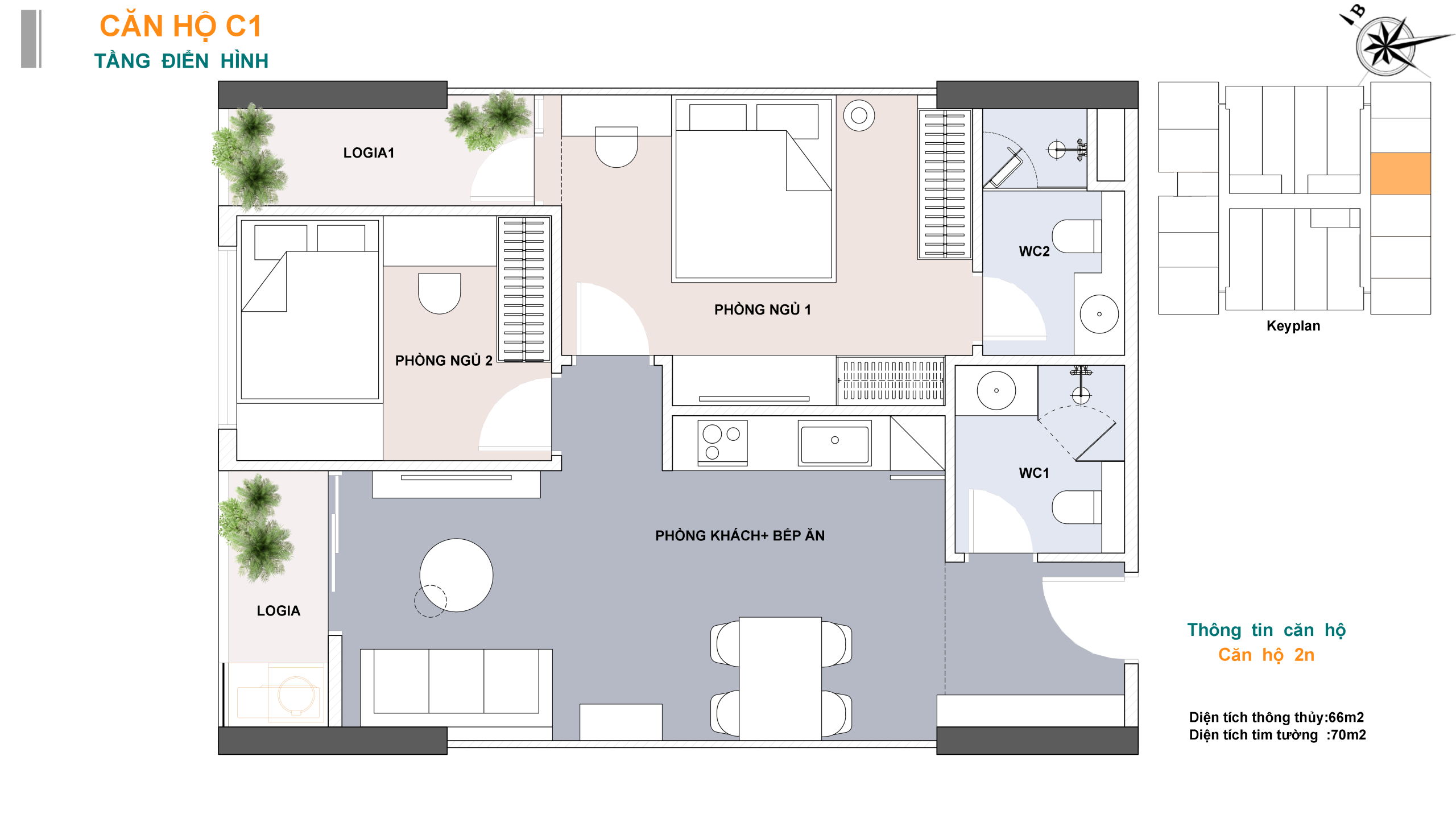 Sơ đồ bố trí mẫu căn hộ 2 phòng ngủ Lotus 1