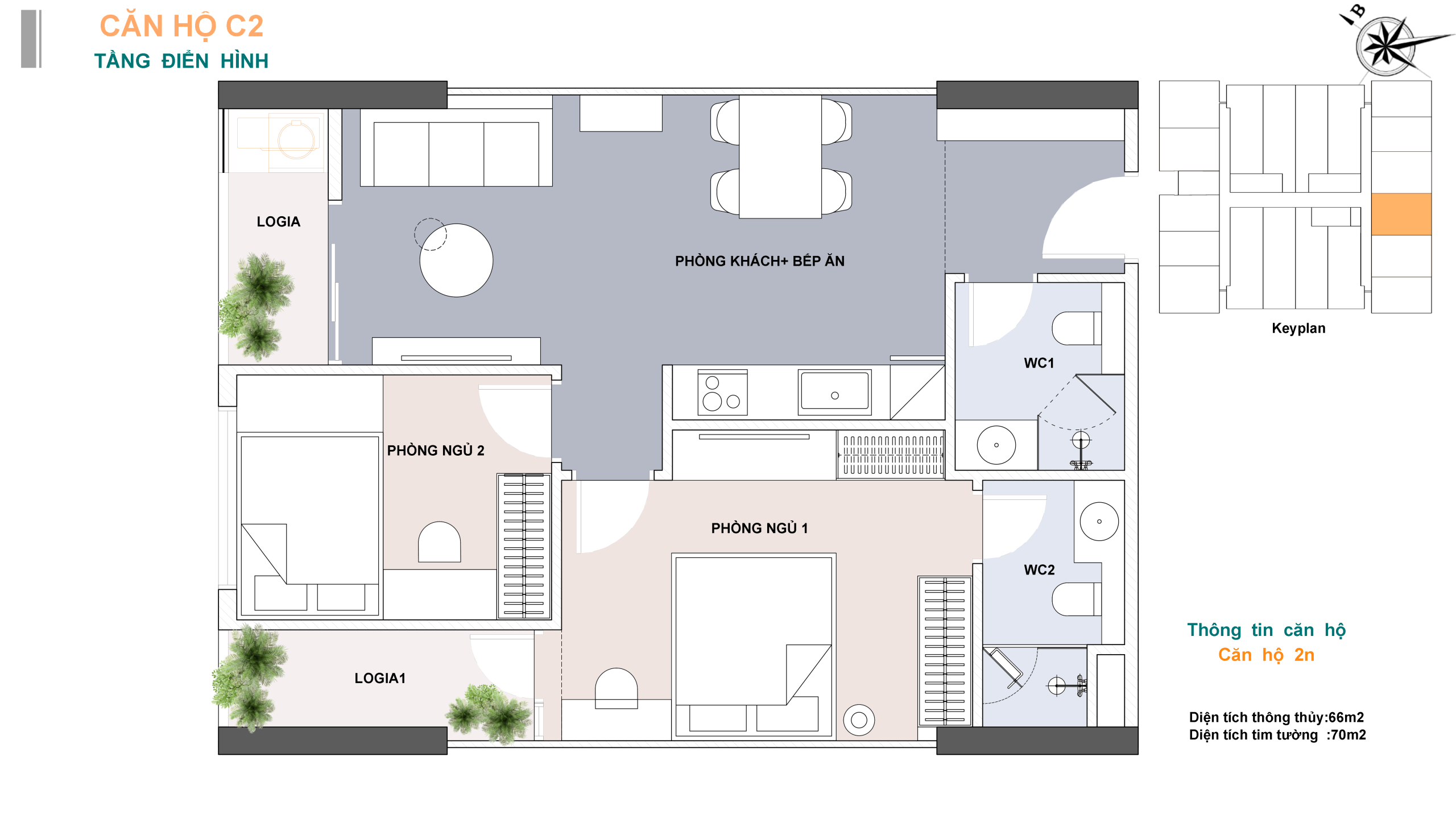 Sơ đồ bố trí mẫu căn hộ 2 phòng ngủ Lotus 1