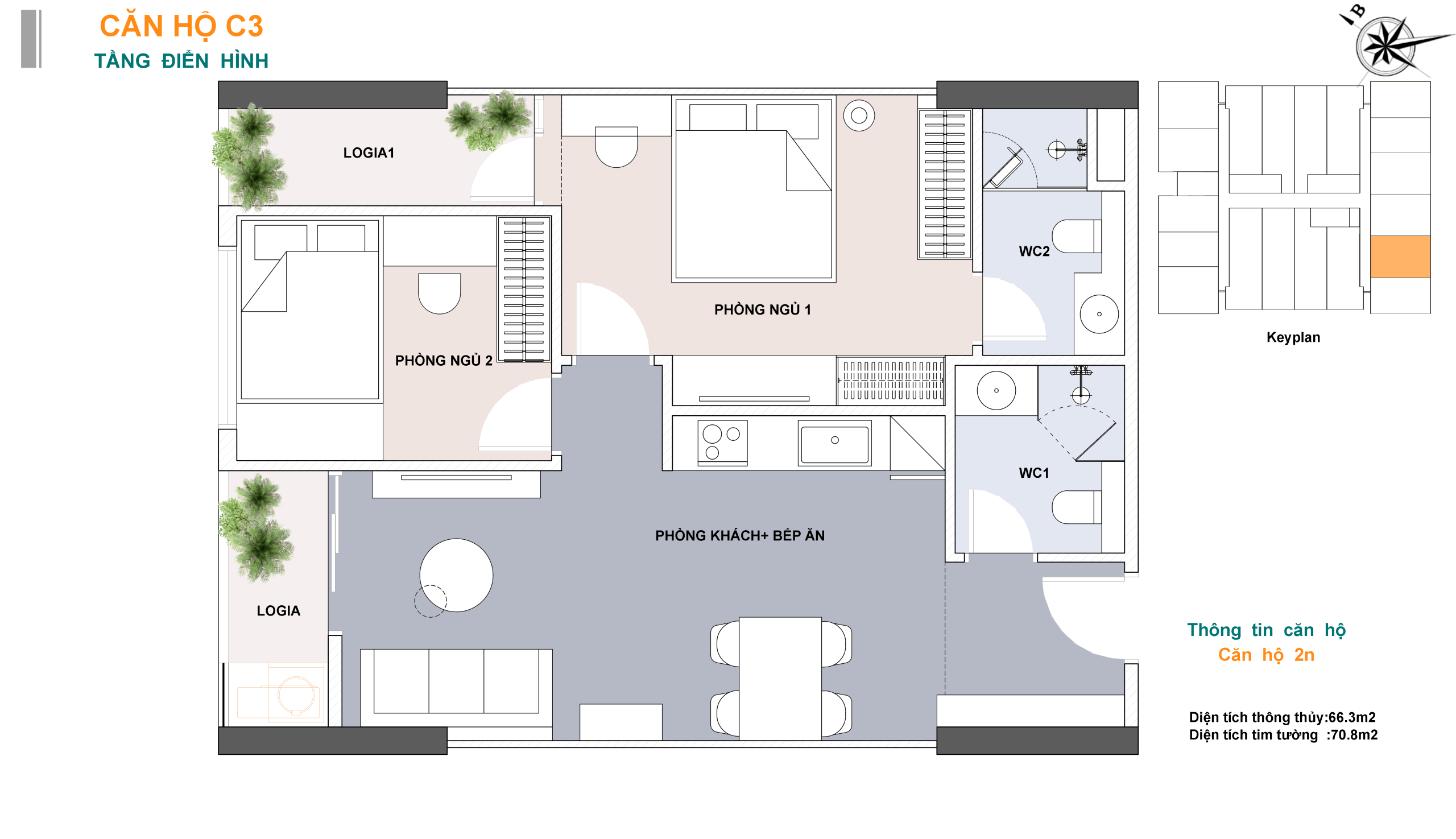 Sơ đồ bố trí mẫu căn hộ 2 phòng ngủ Lotus 1