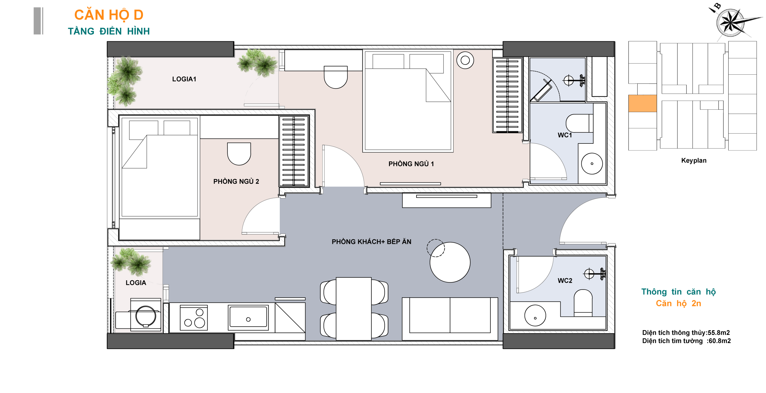 Sơ đồ bố trí mẫu căn hộ 2 phòng ngủ Lotus 1