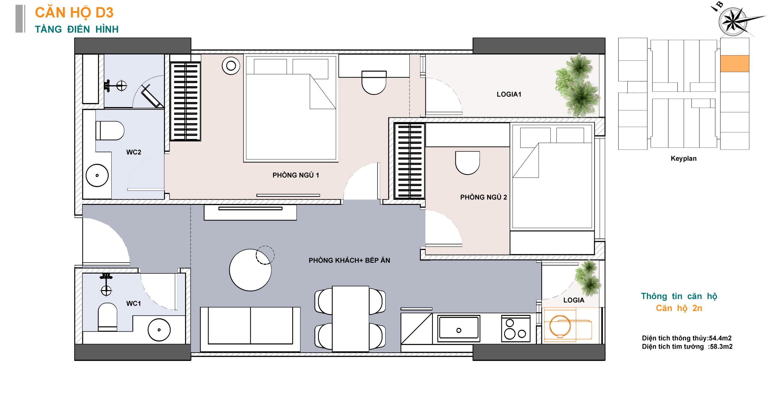 Sơ đồ bố trí mẫu căn hộ 2 phòng ngủ Lotus 1
