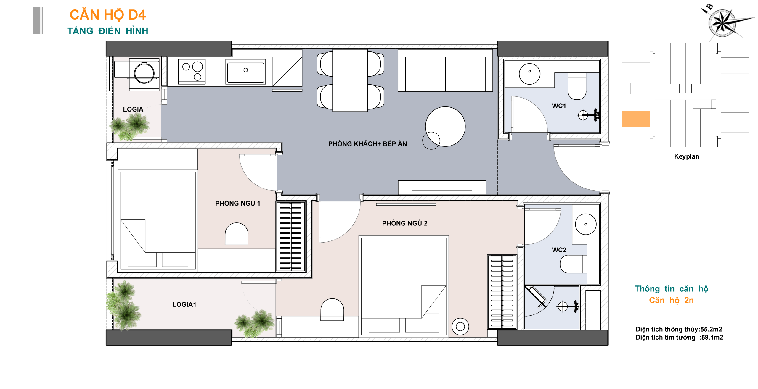 Sơ đồ bố trí mẫu căn hộ 2 phòng ngủ Lotus 1