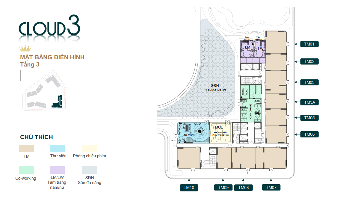 Mặt bằng tầng điển hình tầng 3 tòa Cloud 3 - Chung Cư Royal Mansion