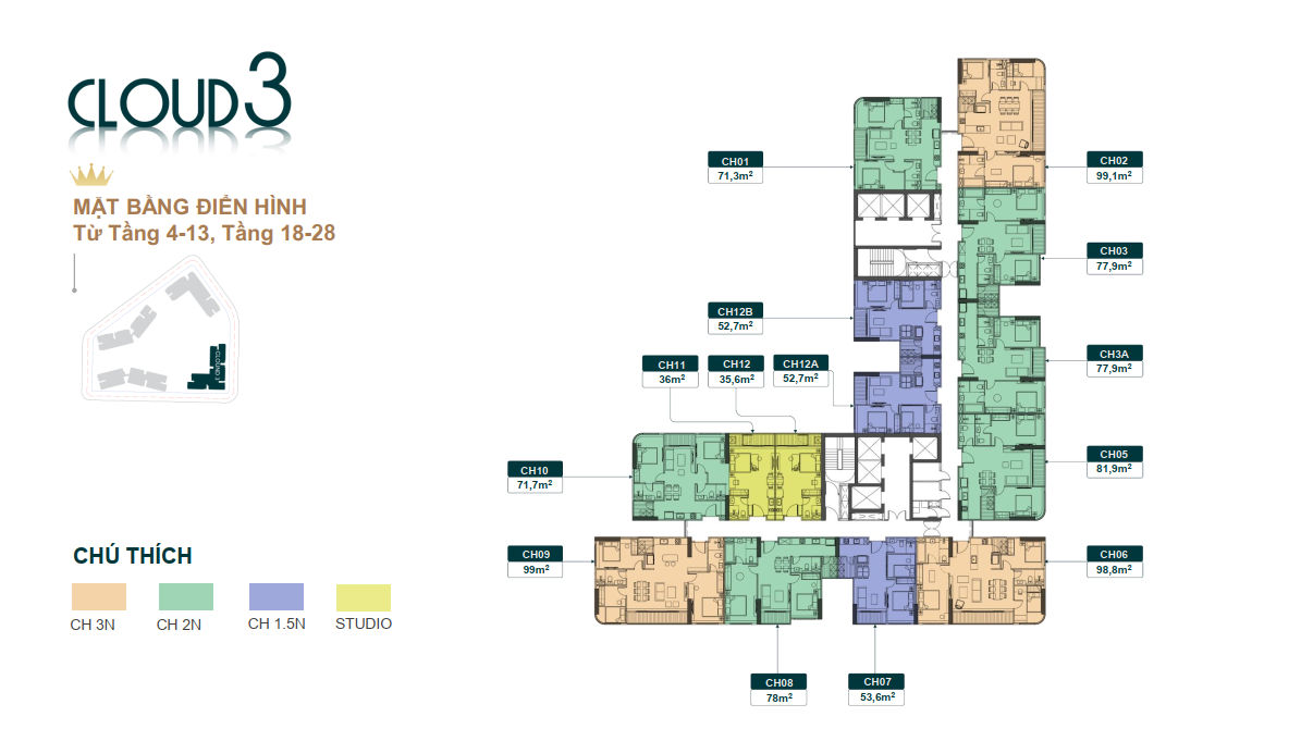 Mặt bằng tầng điển hình từ tầng 4-13 và 18-28 tòa Cloud 3 - Chung Cư Royal Mansion