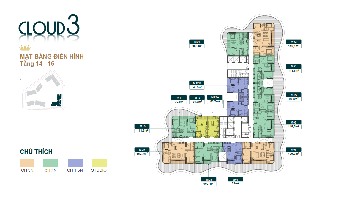 Mặt bằng tầng điển hình từ tầng 14-16 tòa Cloud 3 - Chung Cư Royal Mansion