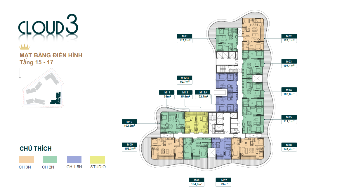 Mặt bằng tầng điển hình từ tầng 15-17 tòa Cloud 3 - Chung Cư Royal Mansion