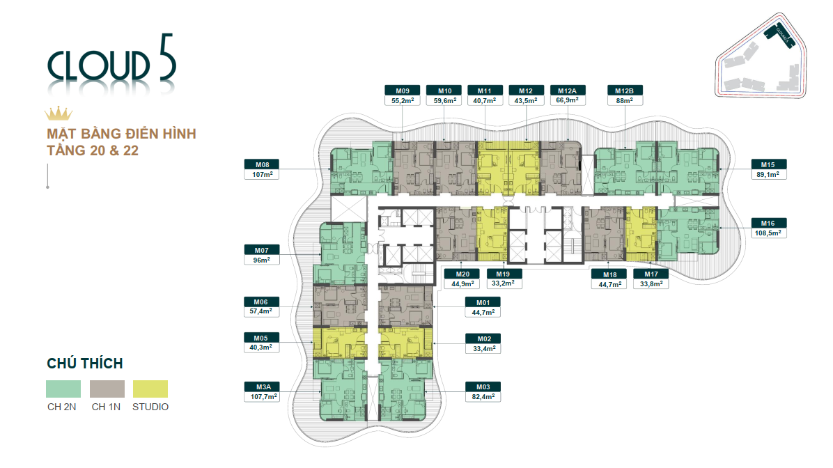 Mặt bằng tầng điển hình từ tầng 20 & 22 tòa Cloud 5 - Chung Cư Royal Mansion