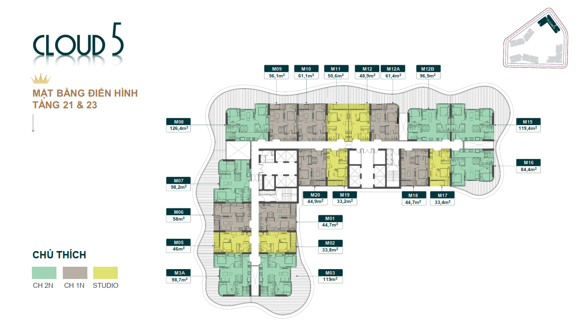 Mặt bằng tầng điển hình từ tầng 21 & 23 tòa Cloud 5 - Chung Cư Royal Mansion