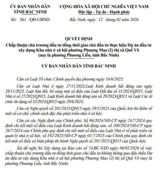 Quyết định phê duyệt xây dựng khu NOXH Phượng Mao do Kinh Bắc làm CĐT